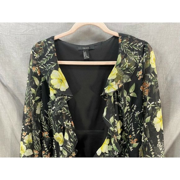 Forever 21 Shirt Womens Medium‎ Black Long Sleeve Floral Open Front Ladies. - Picture 2 of 8